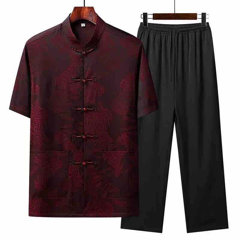 中老年唐装男爸爸装夏装套装中国风薄款冰丝爷爷夏季短袖两件套