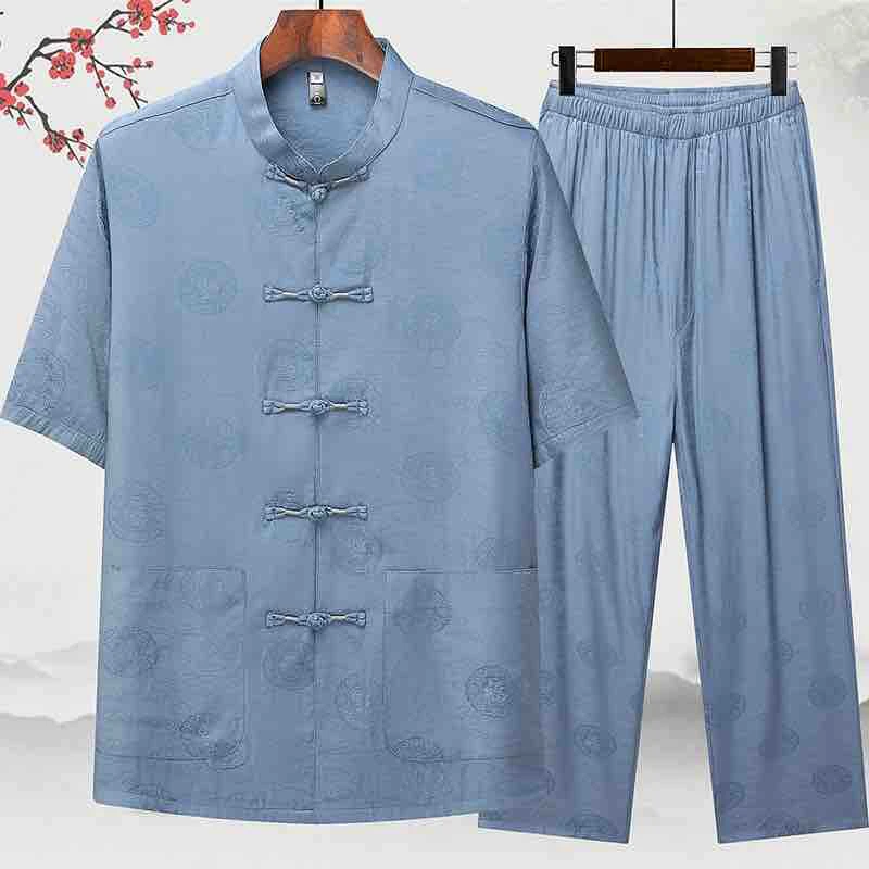 唐装男夏季中老年爸爸装薄款短袖套装中国风爷爷装2202