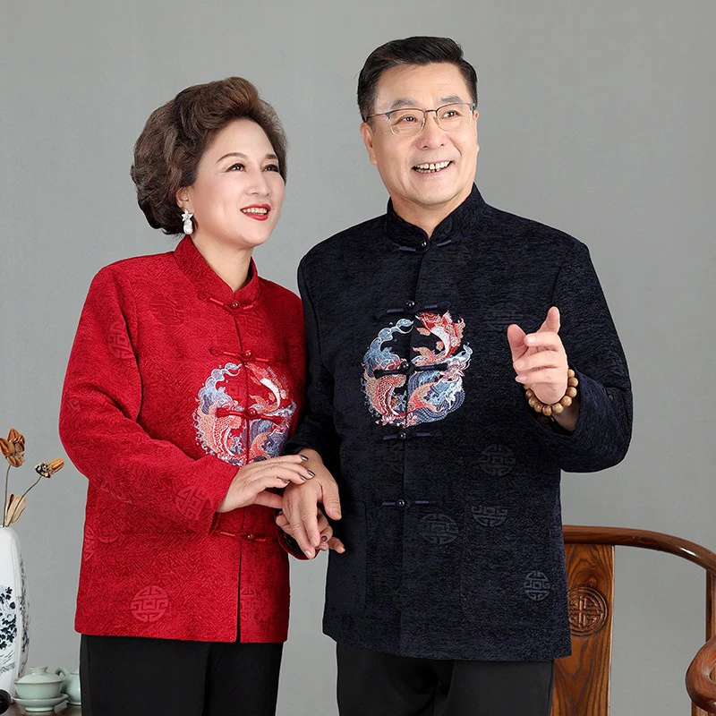 中老年人唐装男加绒加厚情侣套装寿星老人衣服冬装中国风棉衣外套