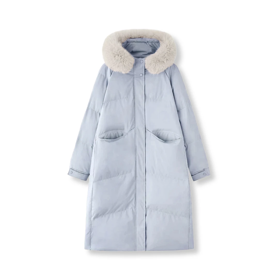 2024新款冬季女白鸭绒毛领连帽长款羽绒服加厚外套