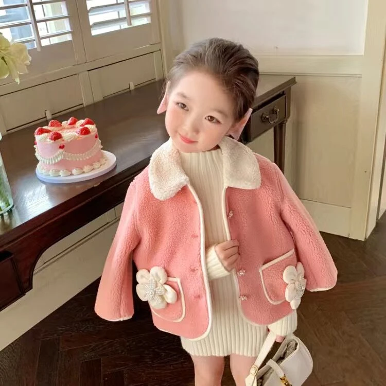 女童冬季加绒新款女宝宝外套摇粒绒翻领保暖外套