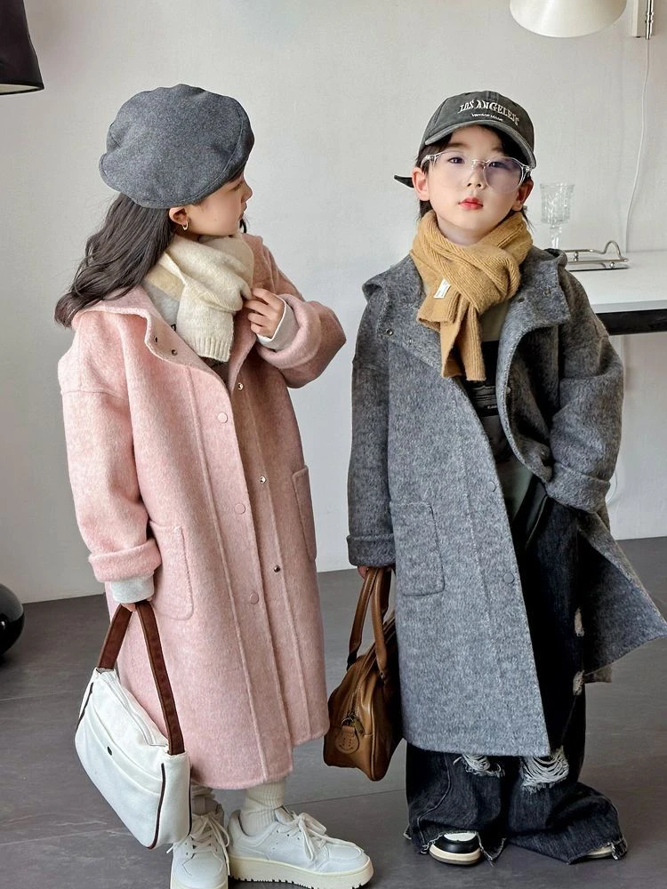 韩国童装双面毛呢大衣新款男女童洋气中长款高级风衣连帽