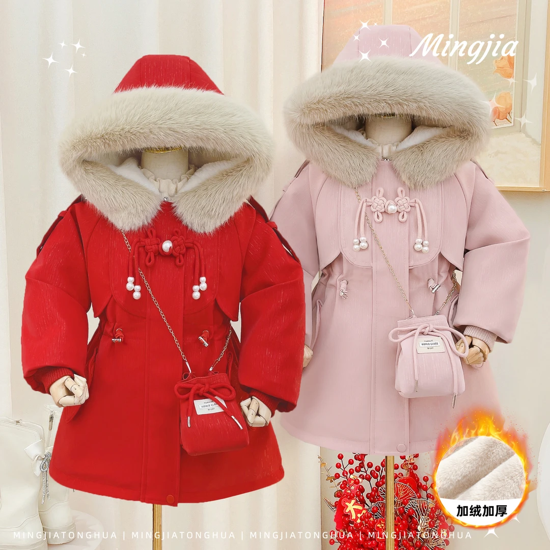 女童派克服2024新款国风红色新年战袍加绒加厚皮派克T3530007562