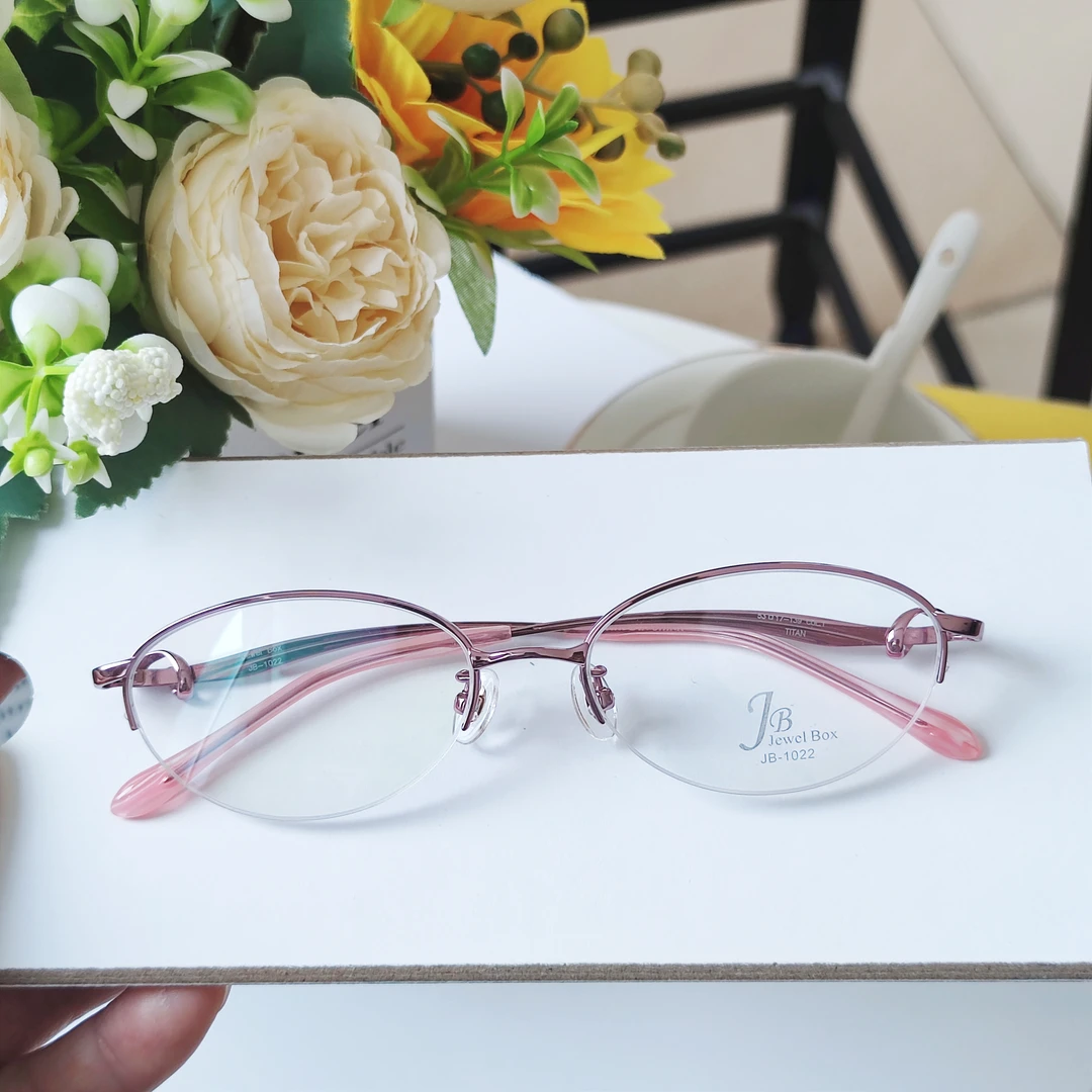 【女士中码53-17特价款日系纯钛眼镜半边框粉色】高端精致优雅知性