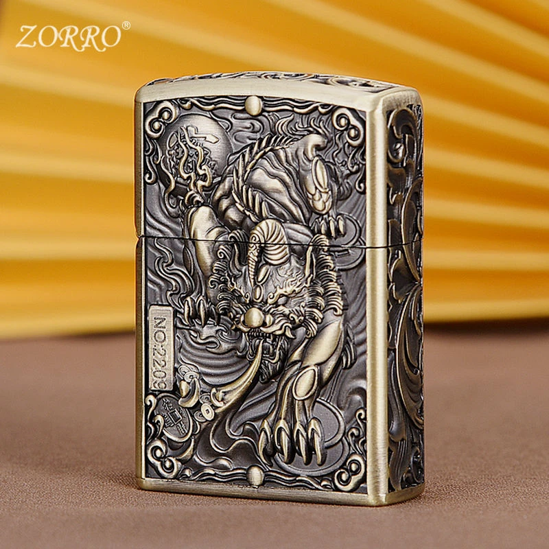ZORRO佐罗煤油打火机限量版浮雕盔甲唐草复古翻盖砂轮防风礼物男