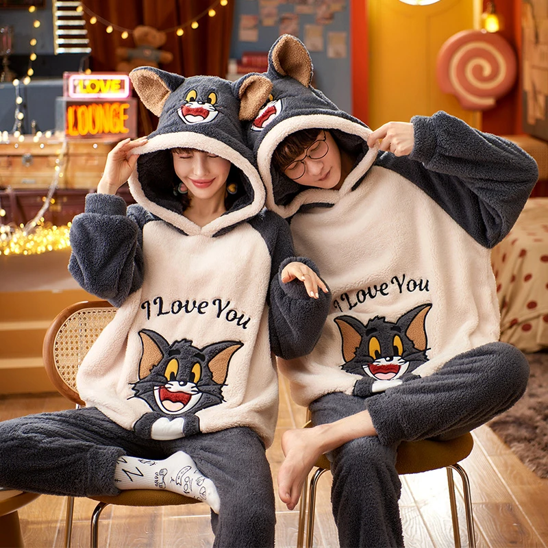 情侣睡衣女秋冬加厚加绒珊瑚绒法兰绒男士卡通连帽可爱家居服套装