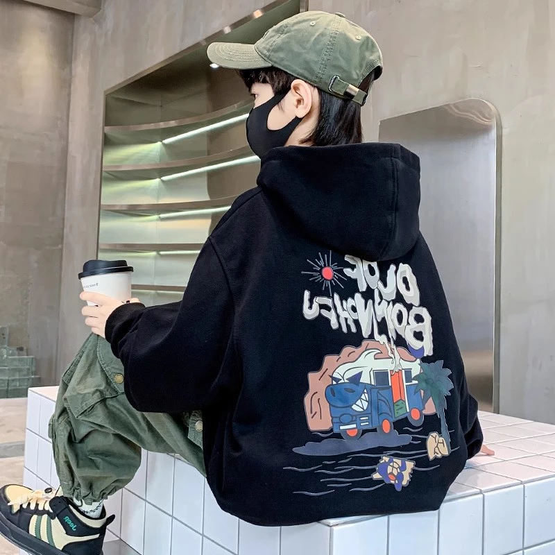 男童秋冬款宽松加绒连帽卫衣时尚男孩中大童韩版时尚休闲印花上衣