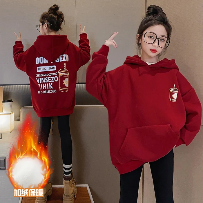女童秋冬加绒加厚连帽卫衣中大童时尚洋气保暖上衣儿童春秋季绒衫