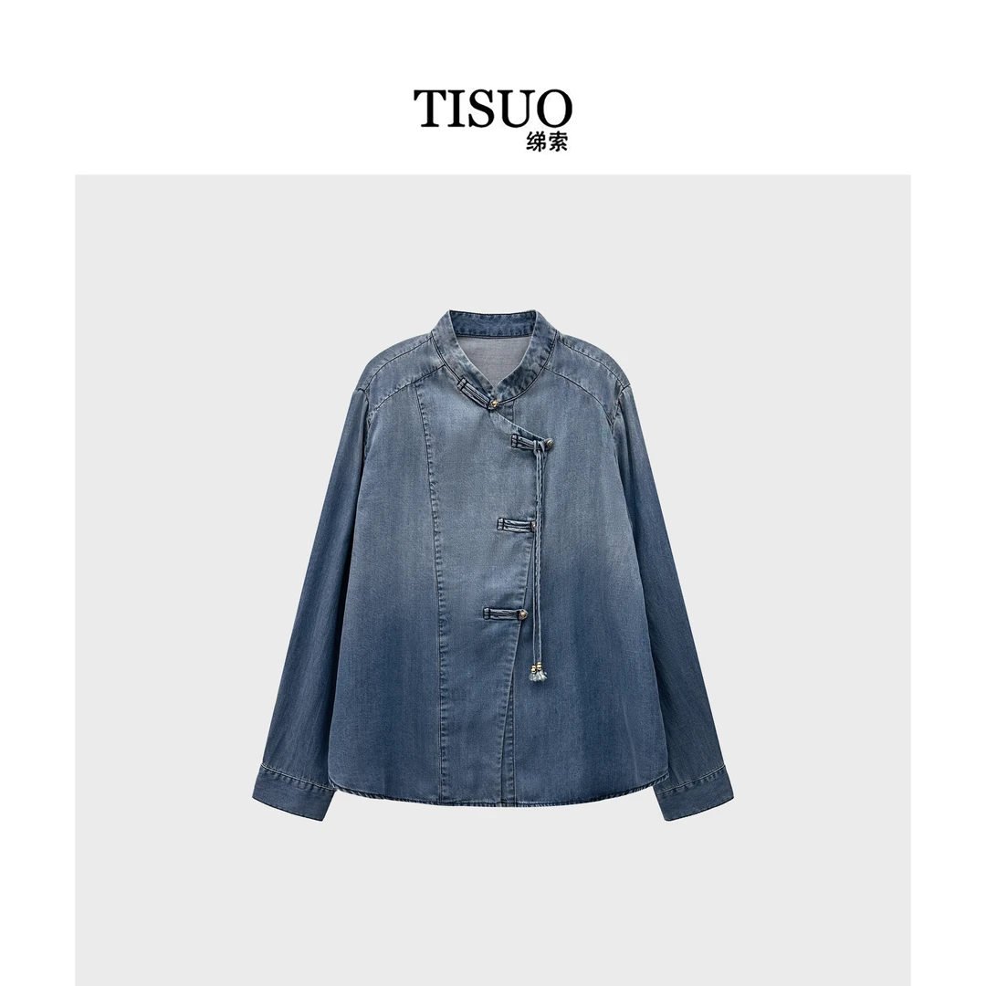TISUO/绨索新国风斜门襟盘扣牛仔衬衣  TS843667