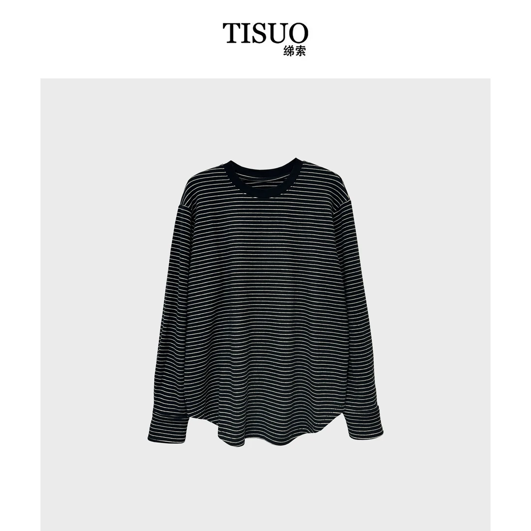 TISUO/绨索圆领磨毛细条纹百搭长袖针织上衣 TS311350