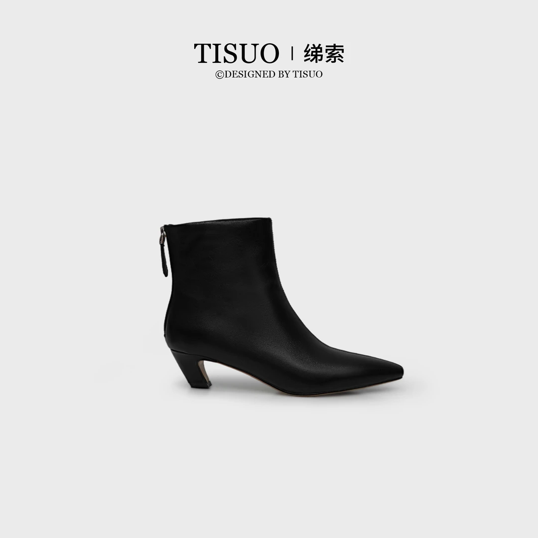 TISUO/绨索法式复古羊油皮尖头细跟裸靴 TS543103