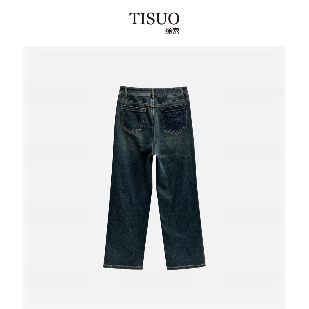 TISUO/绨索“新当代复古主义”做旧洗水加绒高腰直筒牛仔裤TS310138