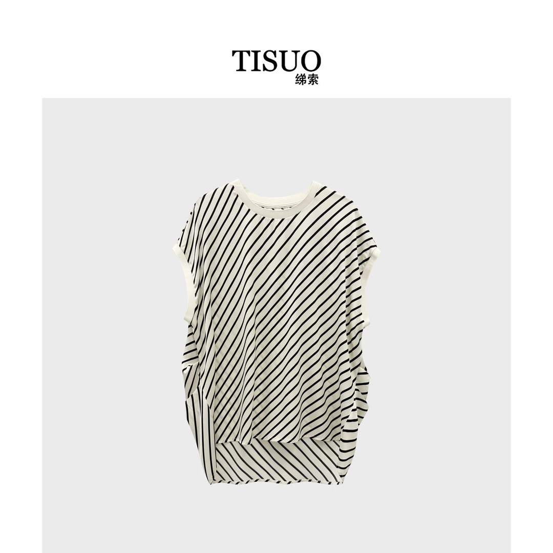 TISUO/绨索弹力双乔桑蚕丝丝斜条纹T恤 TS864336
