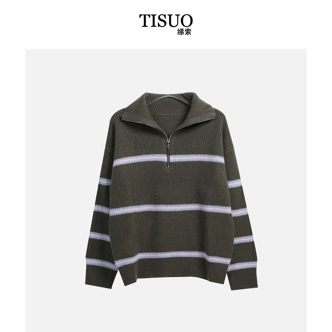 TISUO/绨索  翻领拉链条纹羊毛上衣 TS302306