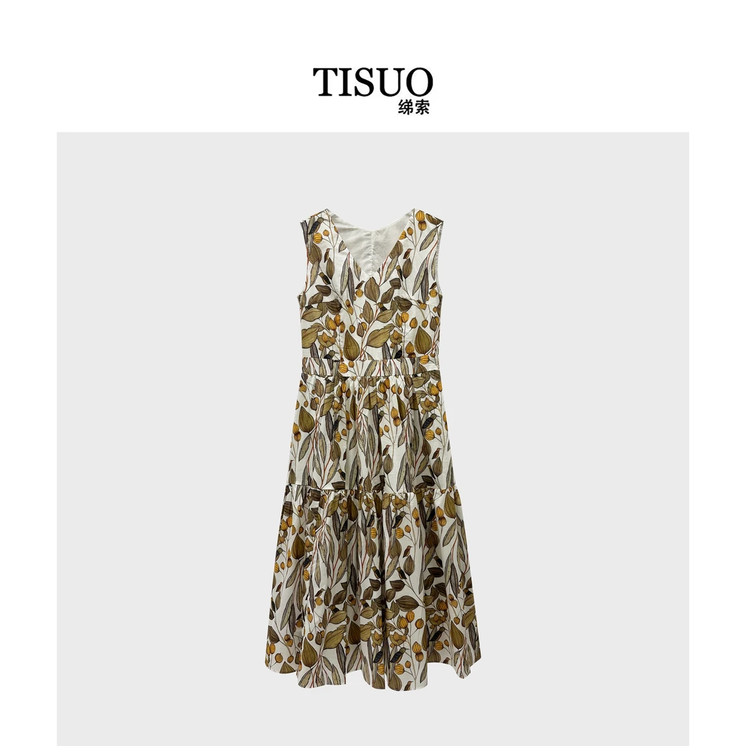 TISUO/绨索TS860653 中古风 植物印花V领无袖连衣裙