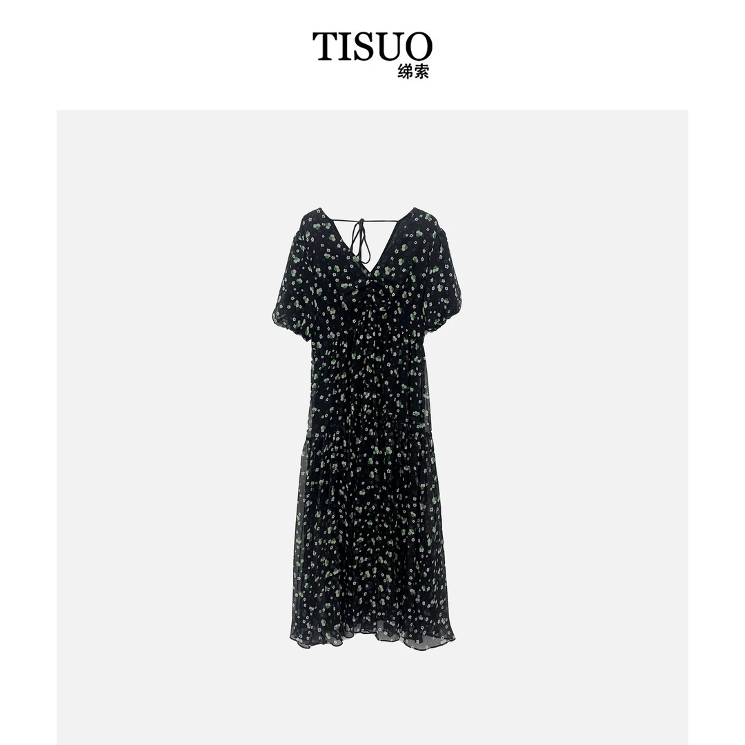 TISUO/绨索绿色轻奢碎花连衣裙气质收腰印花夏季法式复古TS306617