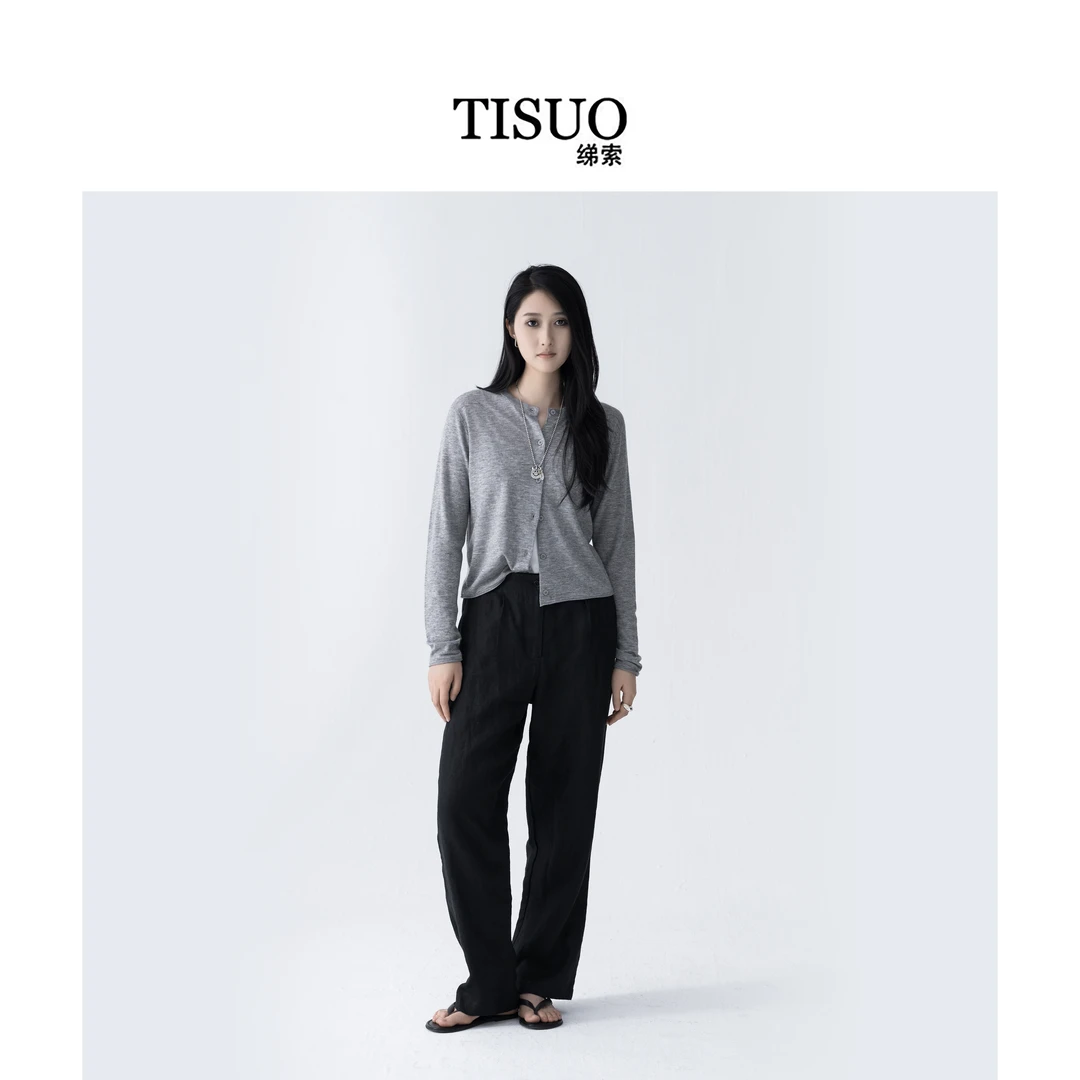 TISUO/绨索立裁V亚麻宽松直筒裤 TS843683