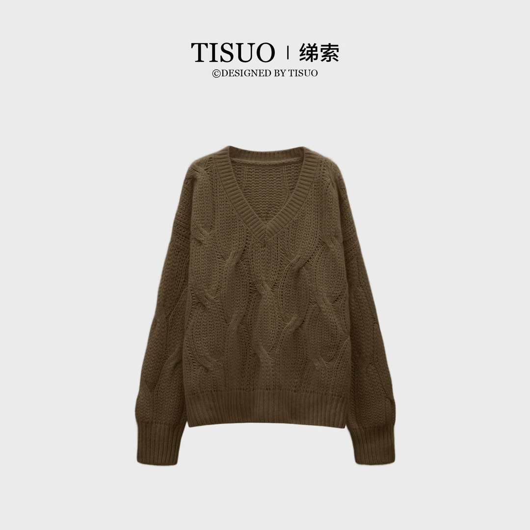 TISUO/绨索【绒化入冬】法式慵懒感高配浣熊绒麻花V领毛衫TS811308