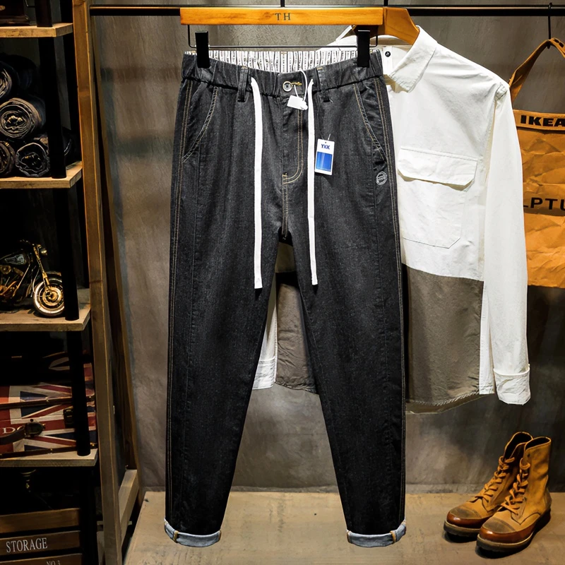 冰丝超薄九分裤男牛仔裤弹力弹性抽绳胖子加肥加大码夏季百搭显瘦