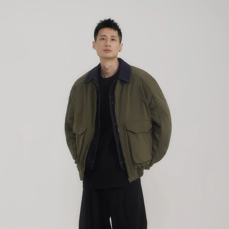 秋冬英伦风外套潮牌牛仔拼接时尚百搭假两件休闲上衣男士夹克6776