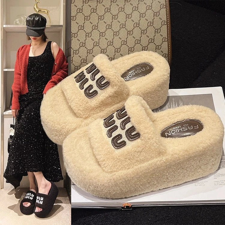 2024秋冬季新款小个子厚底增高8公分毛毛拖鞋双拼色字母刺绣外穿