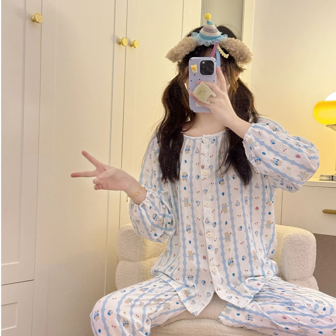 【背带小熊】春秋季新款ins可爱卡通印花少女睡衣长袖长裤家居服