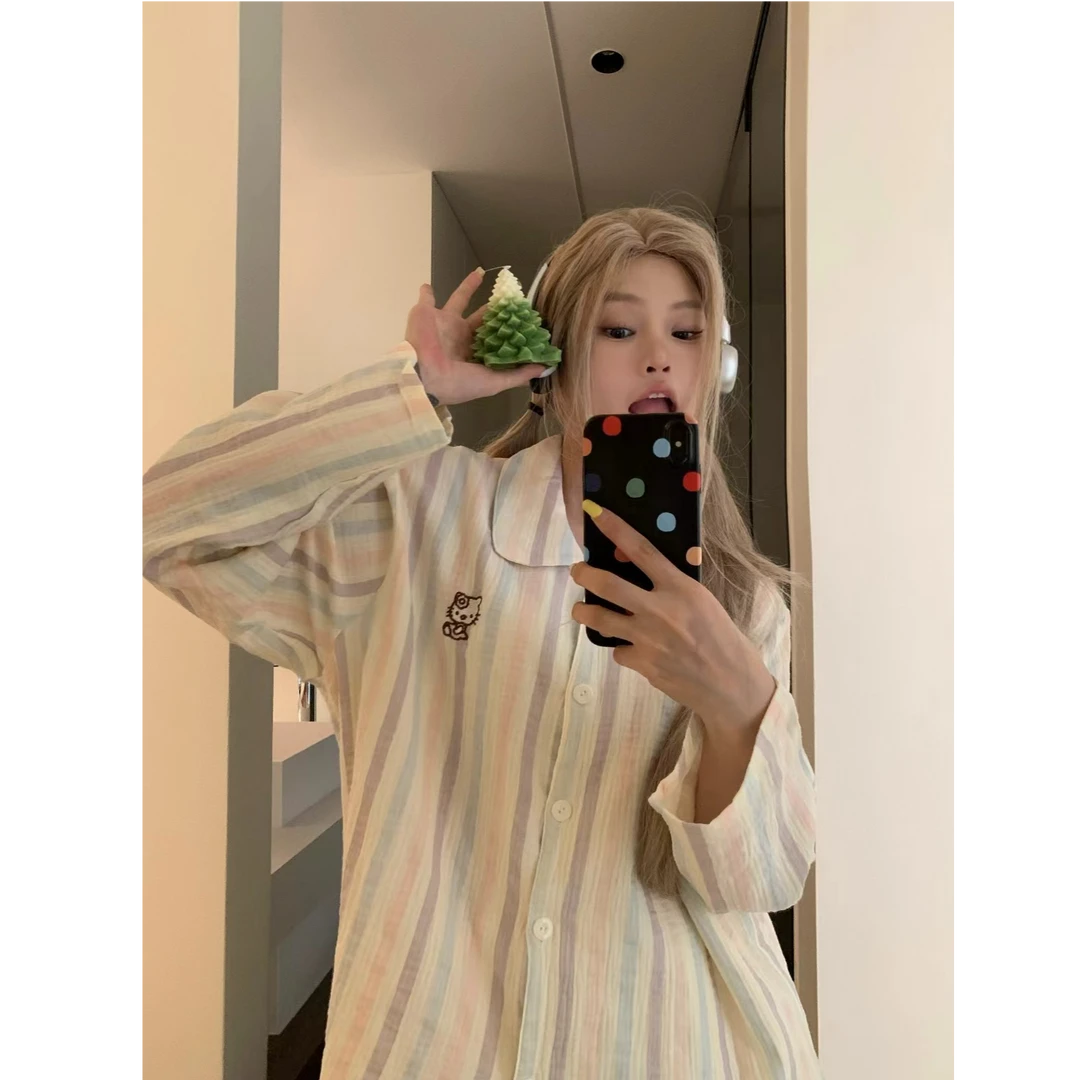 【彩虹Kitty】新款纯棉双层棉纱睡衣女韩系可爱家居服套装可外穿