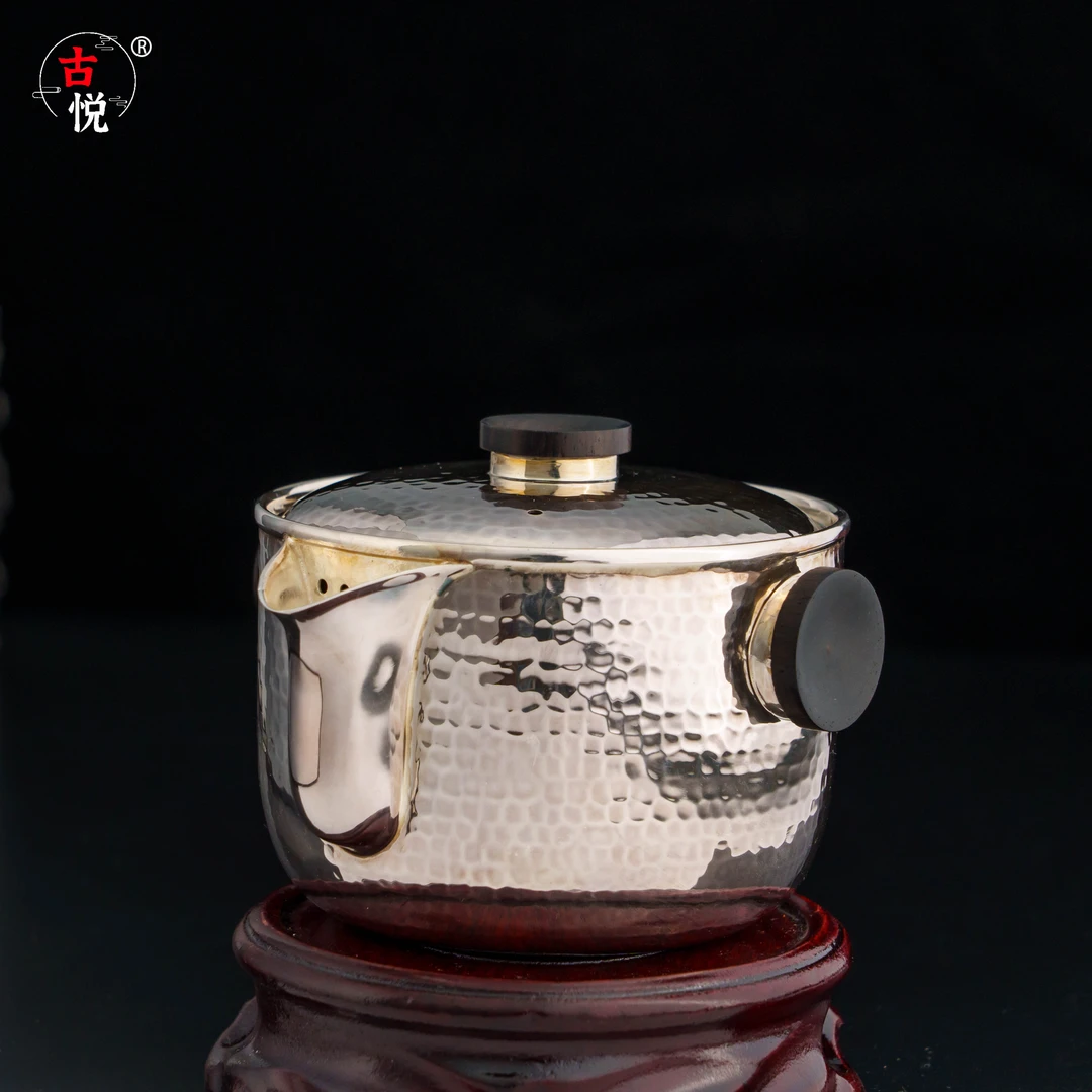 【古悦】手工艺品 锤纹木把盖碗泡茶壶  家用小壶  手工银手抓壶