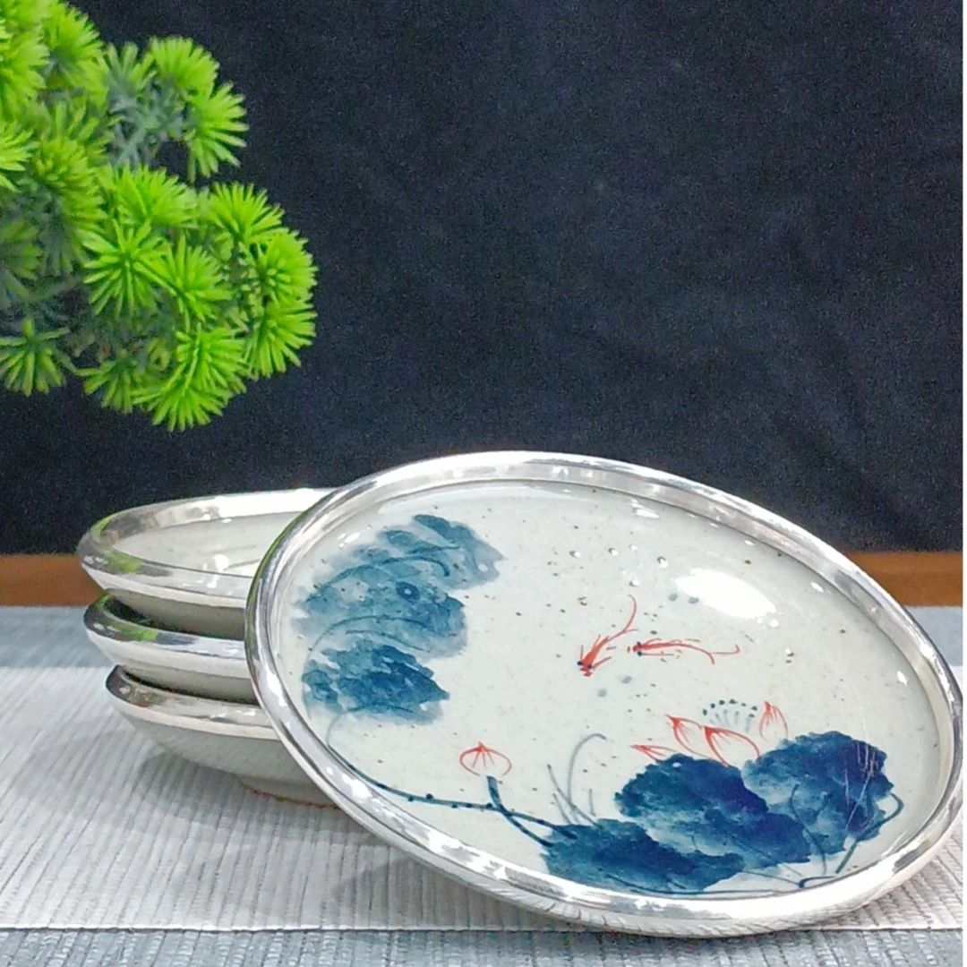 【古悦】手工艺品 柴窑手绘杯垫 茶道简约 茶具 摆件 包银陶瓷壶垫