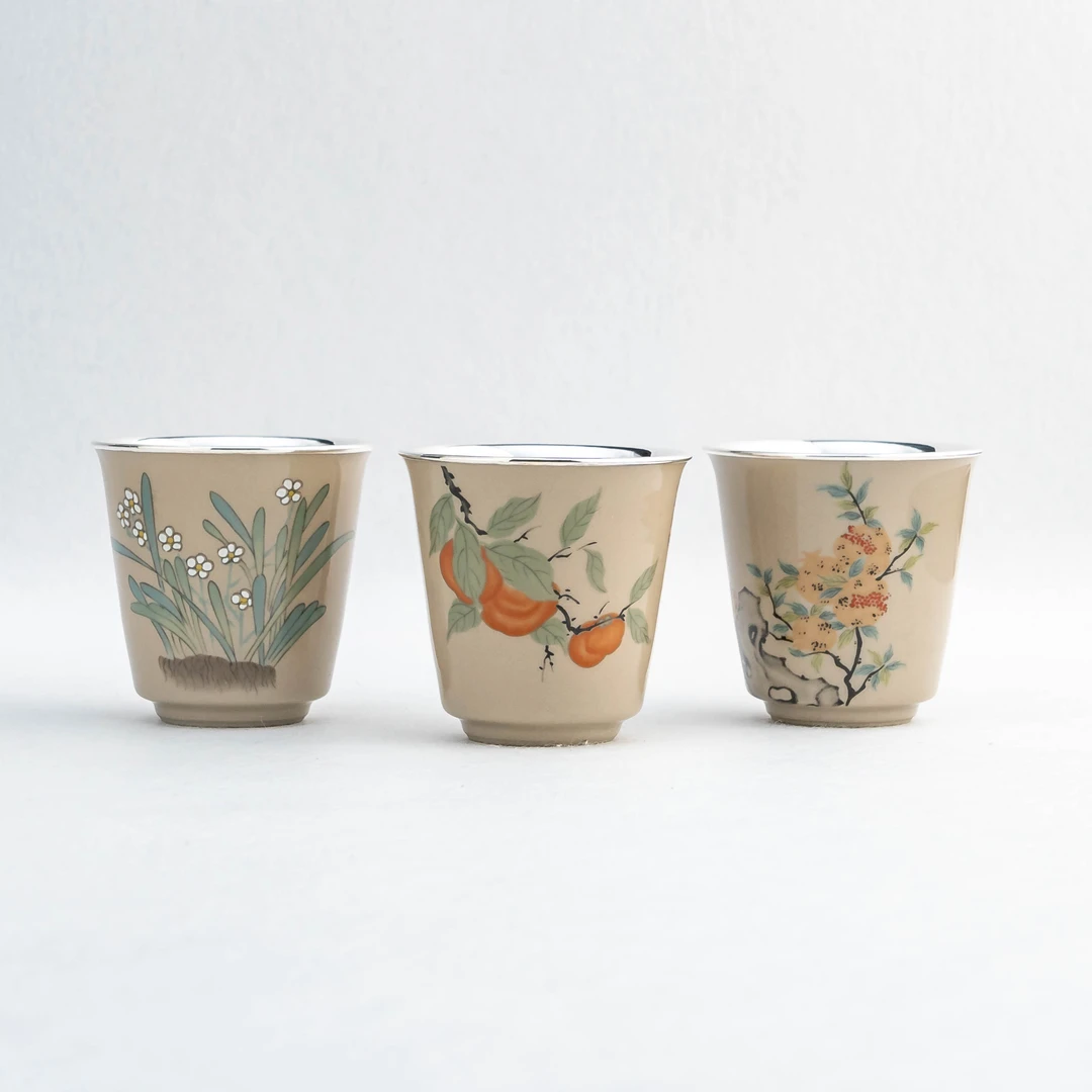 【古悦】手工艺品高款草木灰釉主人杯瓷包银茶具约100cc手工银茶杯