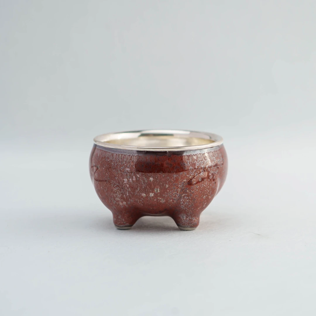 古悦 手工艺品 四足瓷包银茶杯  家用纯手工小容量复古主人杯