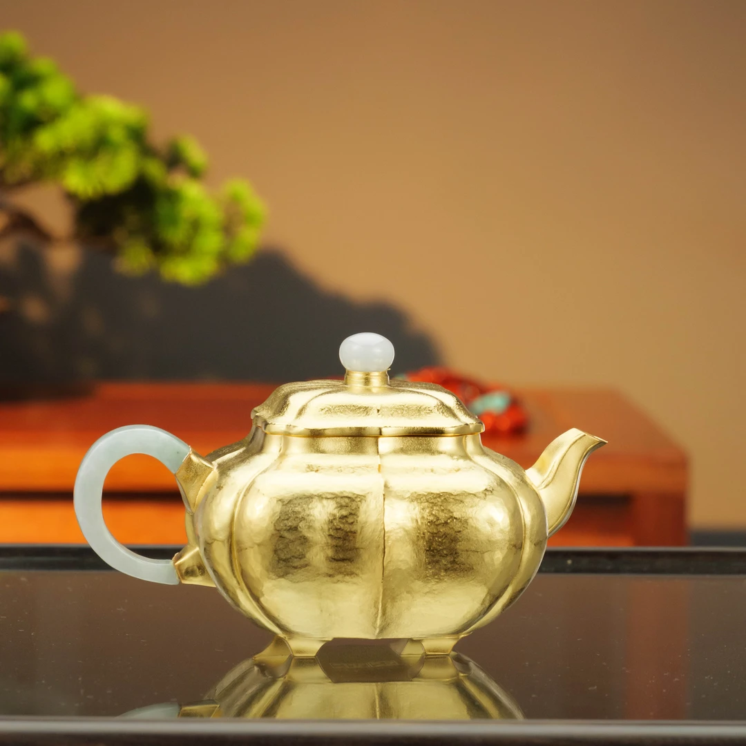 古悦 悦翠系列 金色瓜瓣传炉 小容量家用纯手工錾刻复古泡茶壶