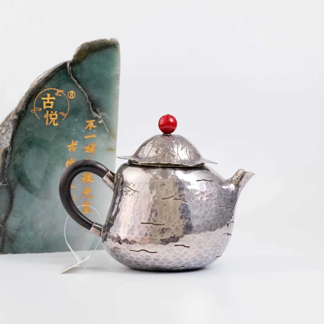 古悦红钮茄子壶 足银999纯手工錾刻 中式小容量复古泡茶壶约240CC