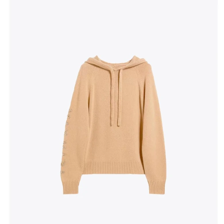 【九妹极简】女士卡其色连帽时尚亮钻长袖舒适针织衫8651