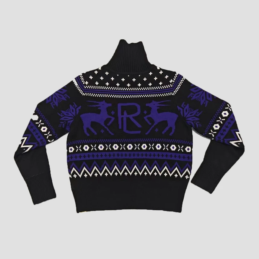 【九妹极简】纽约美式黑色高领刺绣撞色麋鹿图案长袖羊毛衫8930