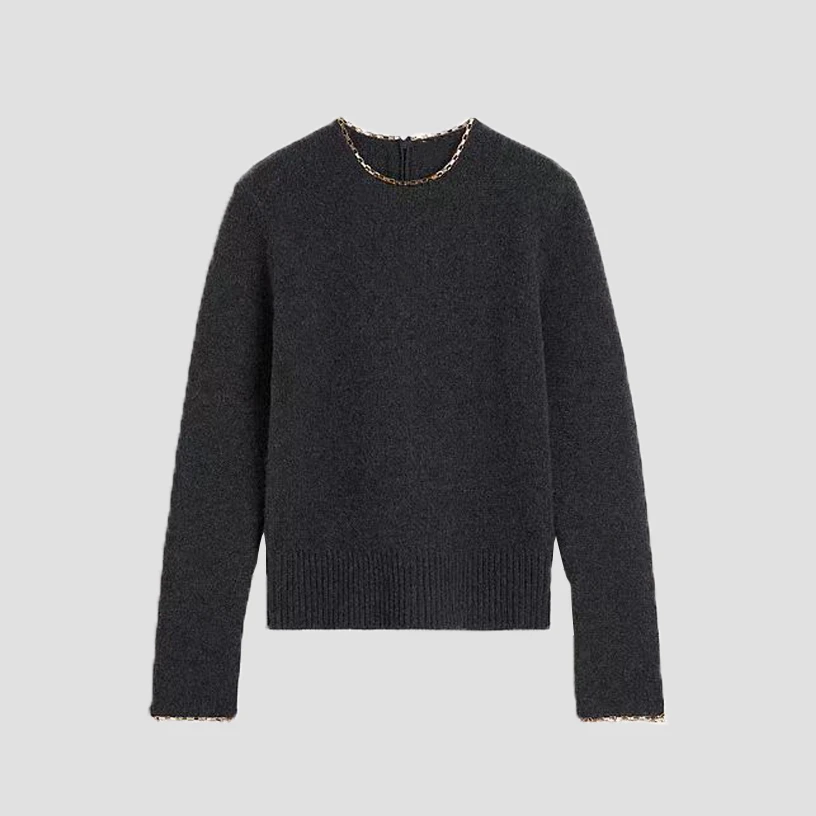 【九妹极简】灰色圆领金属扣混纺针织衫8964