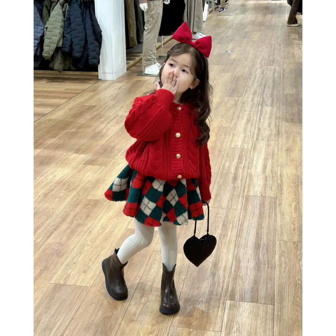 『现货』2023冬季新款韩版童装女童圣诞款红色毛衣麻花毛衣开衫
