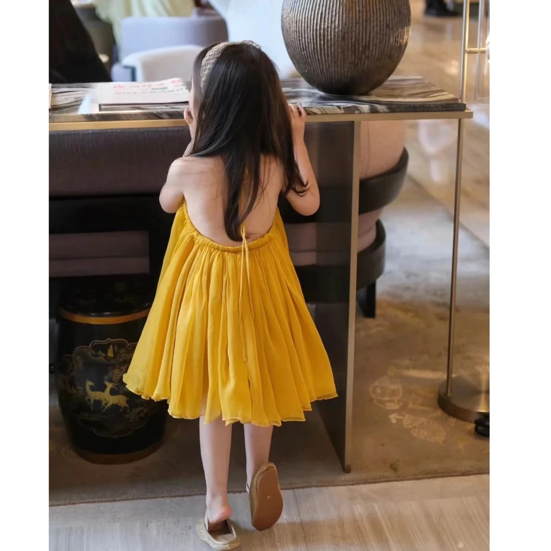 《现货》2025夏季新款韩版女童洋气挂脖无袖纯色时尚百搭连衣裙潮