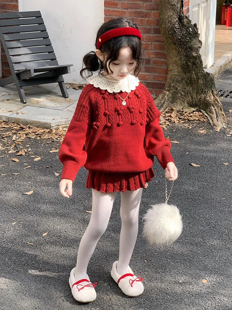 《小思家》2024冬季新款韩版女童圣诞新年红色球球毛衣毛毛短裙套装