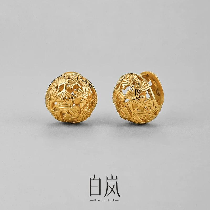 925银耳饰 白岚银杏圆球耳扣个性法式女925银耳环金色手工ED4166