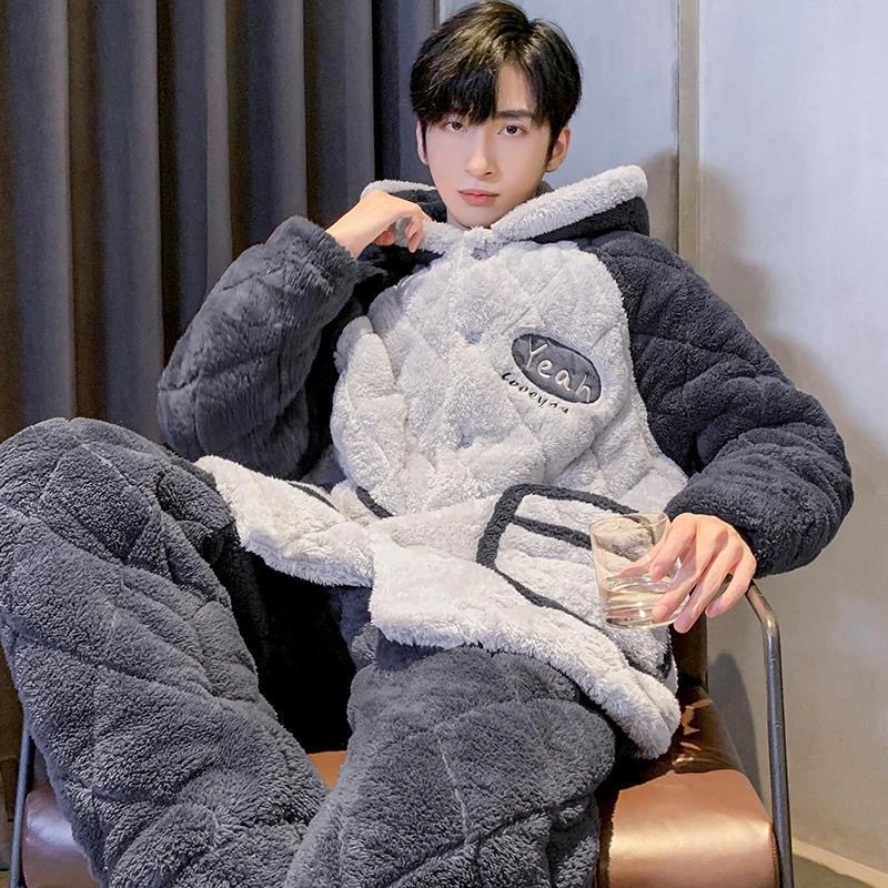 睡衣男冬季三层加厚加绒保暖秋冬款珊瑚绒夹棉袄可外穿家居服套装