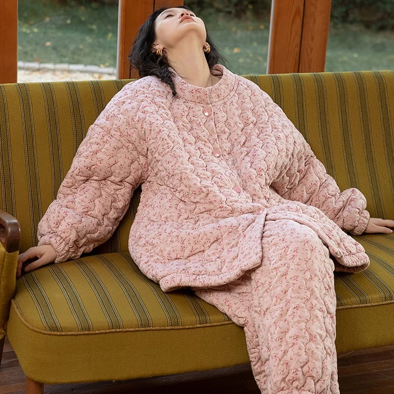 睡衣女冬加厚加绒秋冬纯棉三层夹棉超厚大码可外穿保暖家居服套装