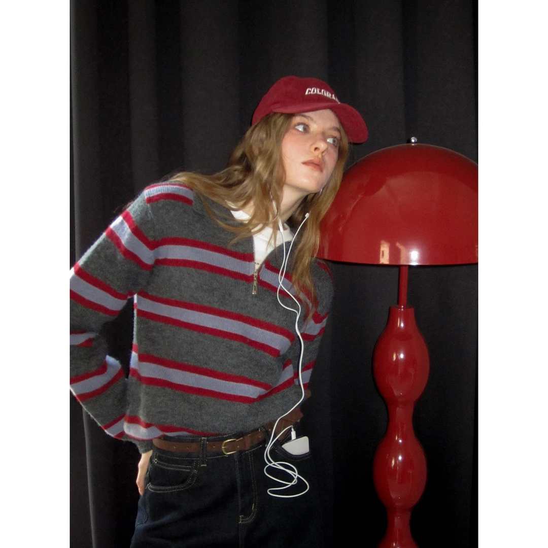 EGGKA 撞色polo领半拉链条纹毛衣休闲百搭复古上衣 E24A4280AF