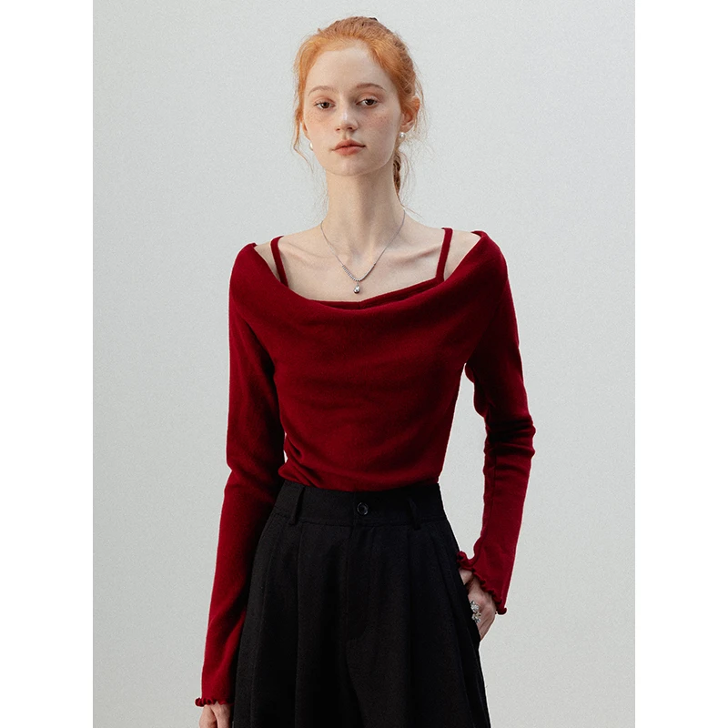 EGGKA 设计感荡领气质长袖女春修身显瘦假两件针织衫 E24B5170AF