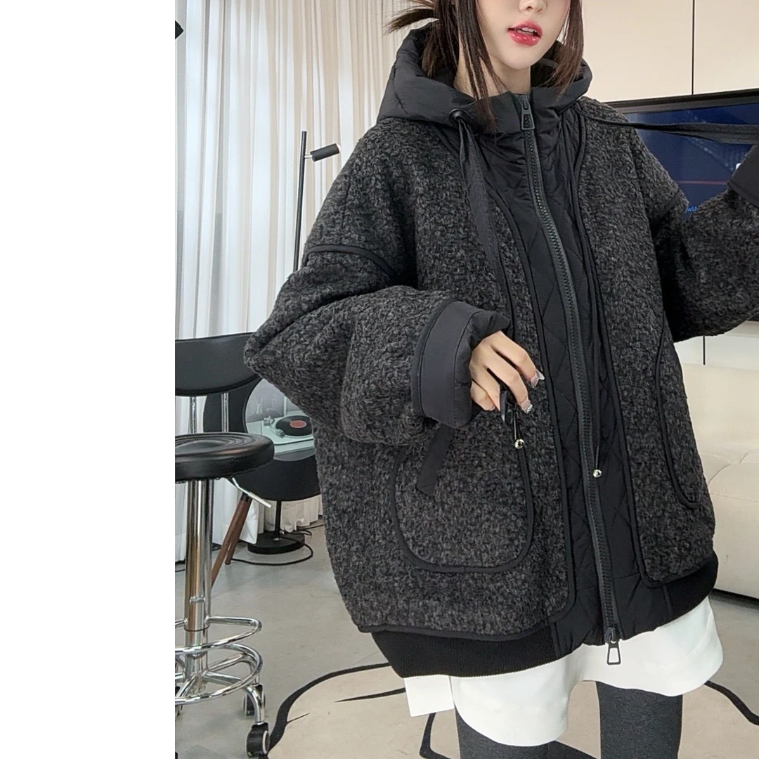 【赵一一】羊羔绒拼接棉服立领连帽休闲宽松冬季外套 22430