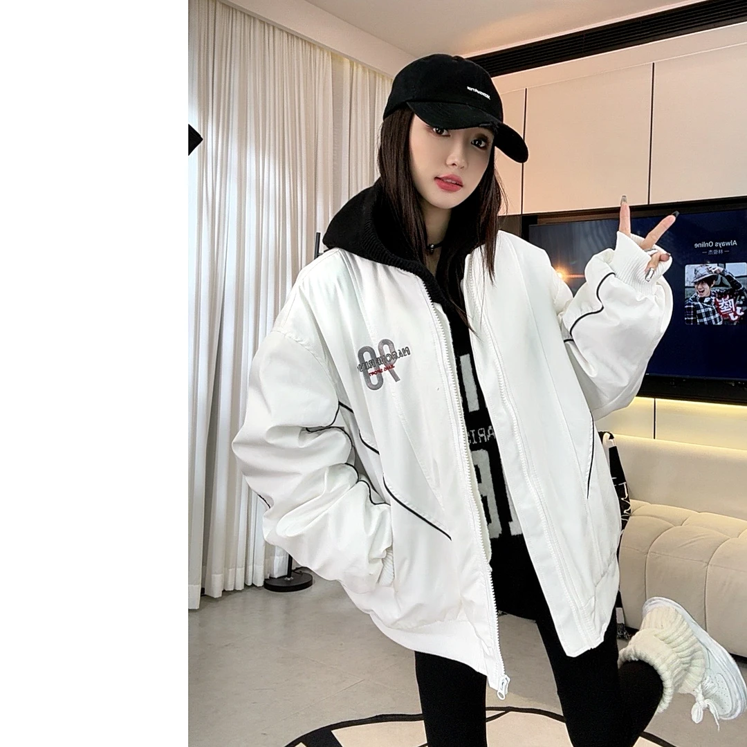 【赵一一】夹棉棒球服厚款潮流时髦纯色印花外套宽松秋冬外套 22369