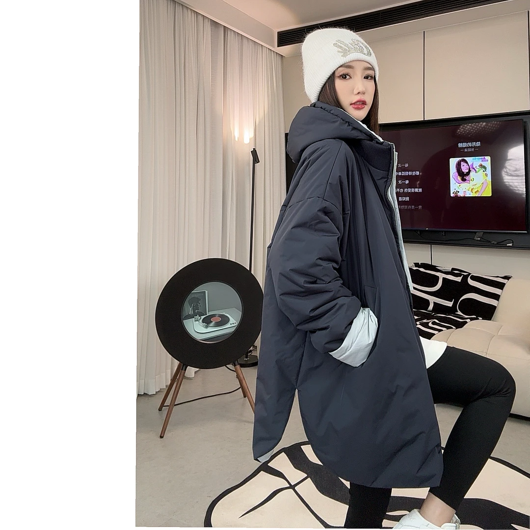 【赵一一】两面穿法棉服拼色连帽棉衣外套女休闲宽松秋冬长袖 22361