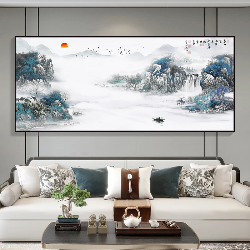 新中式山水画客厅挂画沙发背景墙装饰画办公室风景画单幅喷绘国画