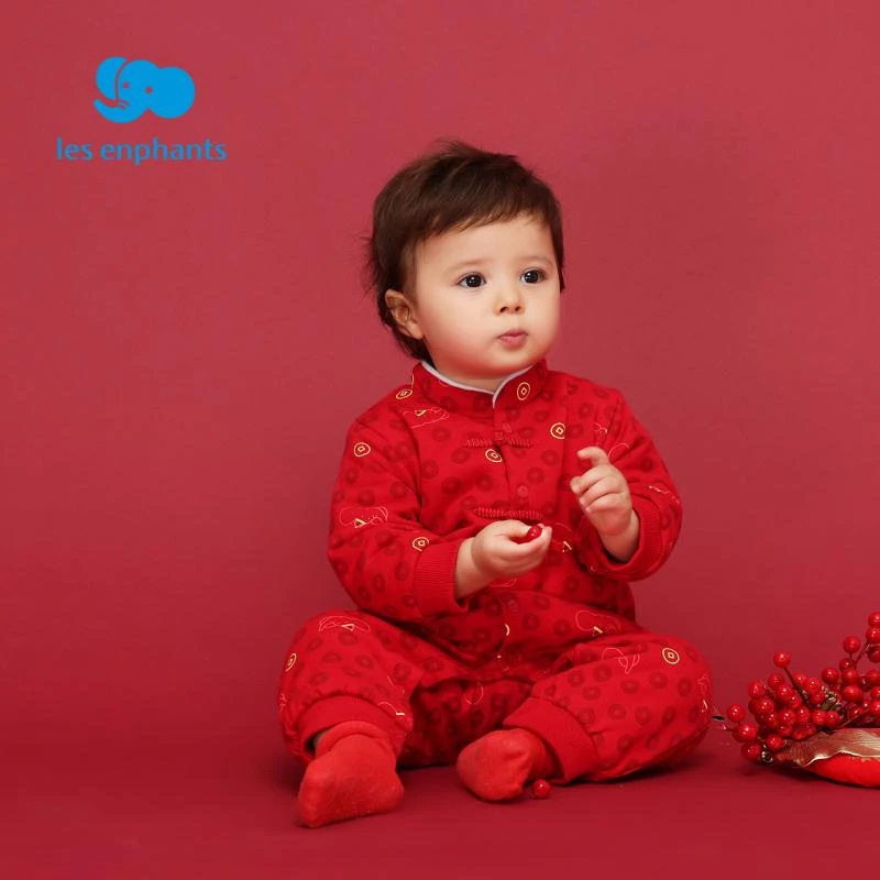 丽婴房童装新年服家居服婴幼儿针织连衣裤中国风红色拜年服
