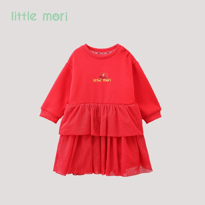 Littlemori小森林女童新年衣服秋冬款卫衣连衣裙儿童红